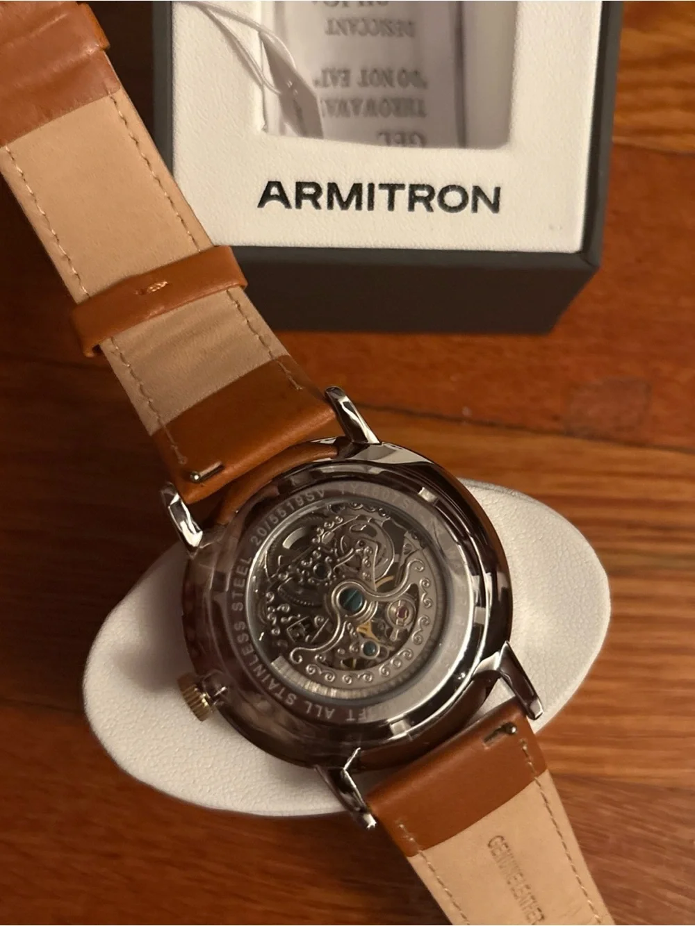 Armitron Silver Skeleton Mechanical Watch with Brown Leather Strap